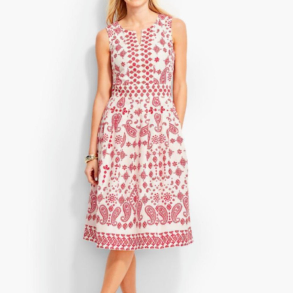 Talbots Dress 20W Bandana Paisley Sleeveless Fit Flare White Red Embroidered NWO